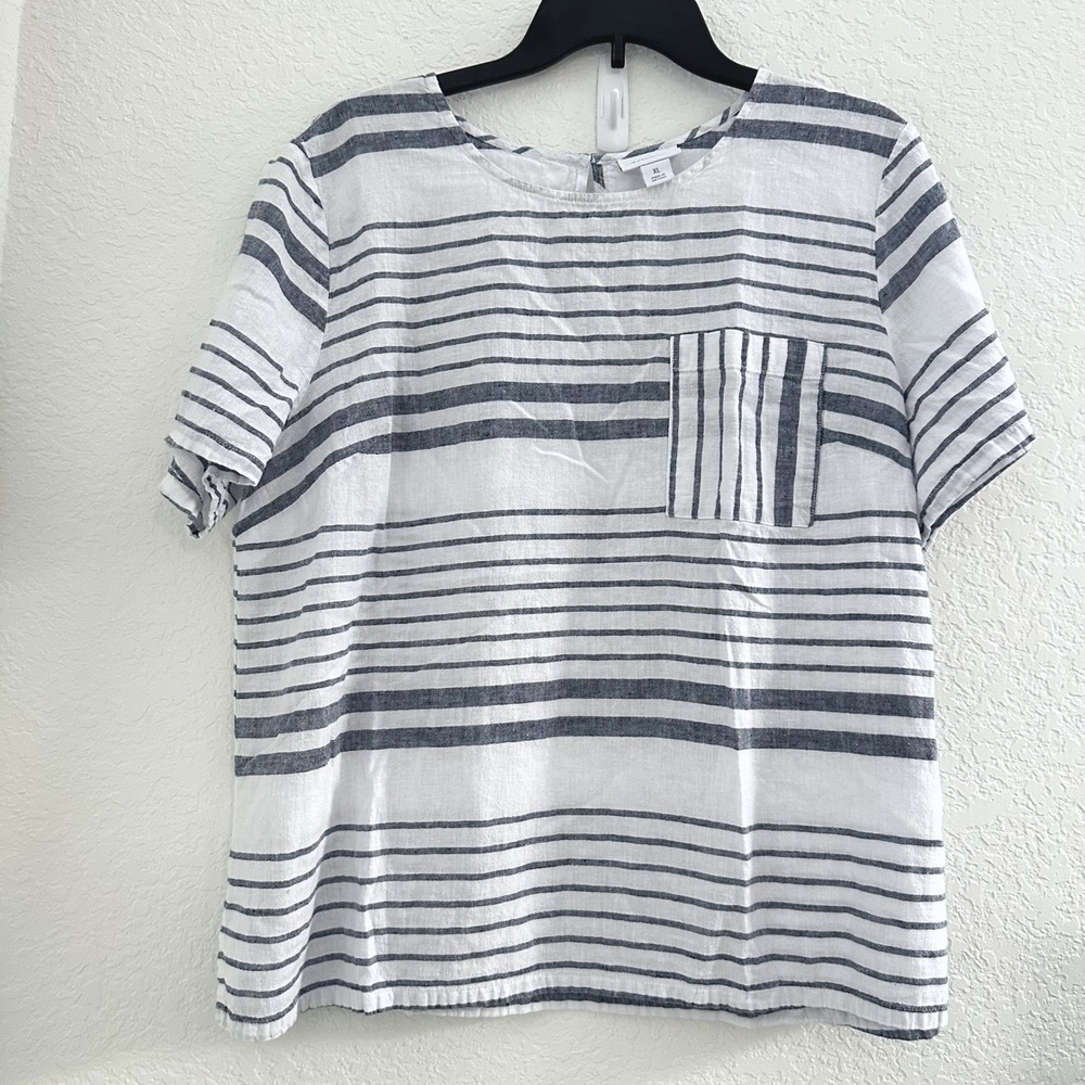 Liz Claiborne Womens Top XL White Striped Linen Blend S/S Coastal Resort Comfort